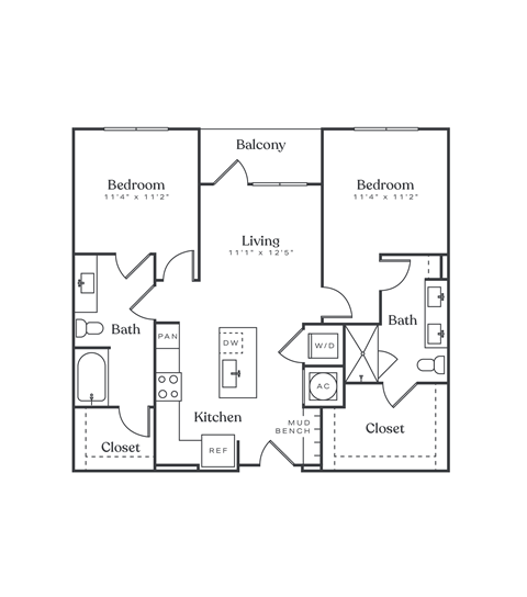 Floor plan for 2 beds, 2 baths, 1063 sqft
